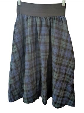 Vintage 90s Plaid Preppy A-Line Midi Skirt in Blue and Green Americana Juniors
